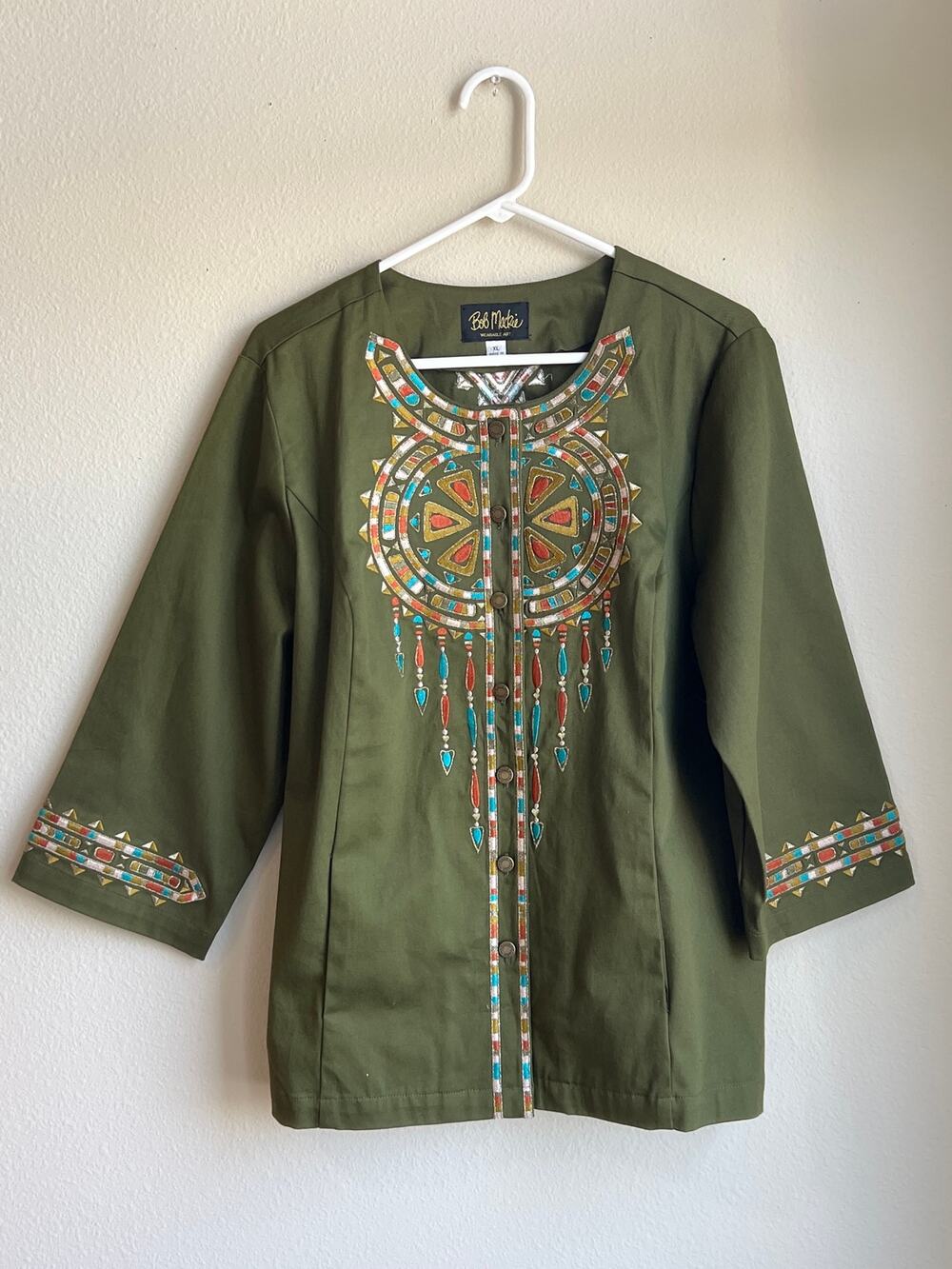Bob Mackie Wearable Art XL Olive Green Santa Fe Embroidered Shirt Jacket